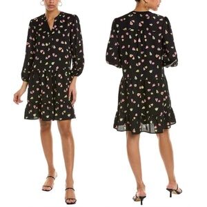 NIC+ZOE‎ Black Mini tiered Dress watercolor pears fruit motif playful